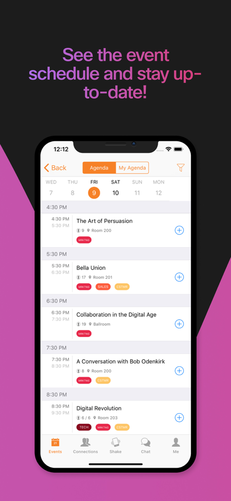 Webex Events app interface displaying a conference schedule with daily sessions, times, and locations.