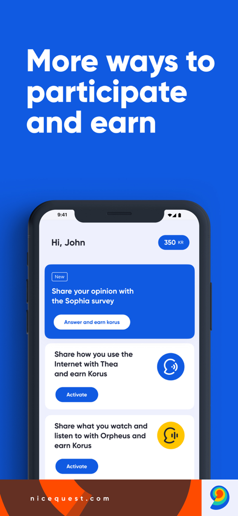 Panel de la app Nicequest mostrando varias actividades como encuestas y compartir datos para ganar recompensas Korus