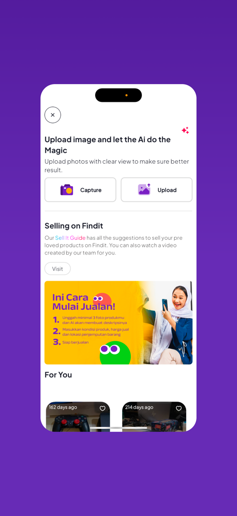Findit: Deal,Buy & Sell - Finditアプリのインターフェース。AI搭載の商品リスティング機能と、ユーザー向けの販売ガイドが表示されています。