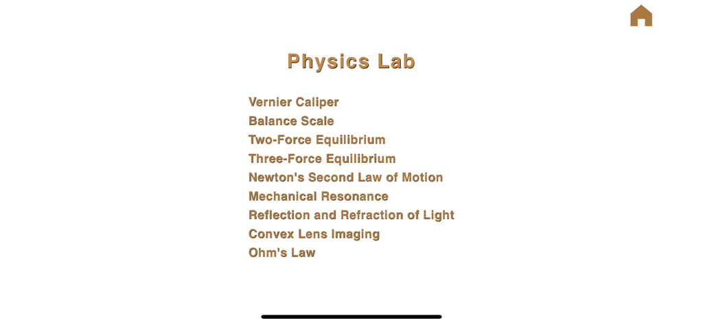 Phys. Lab - Main menu of the Physics Lab app listing interactive experiments like Ohm's Law and Newton's Laws