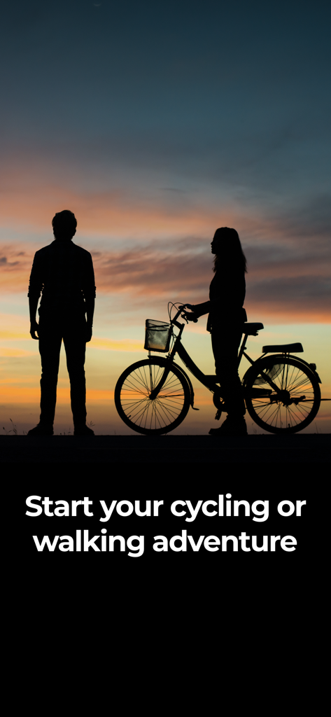 Routiq, Outdoor routes - Silhueta de um casal com uma bicicleta ao pôr do sol com texto sobre iniciar uma aventura de ciclismo ou caminhada.