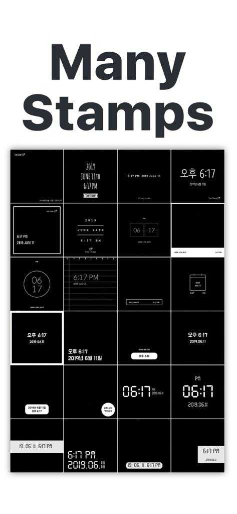 A grid displaying various date and time stamp templates for photos.