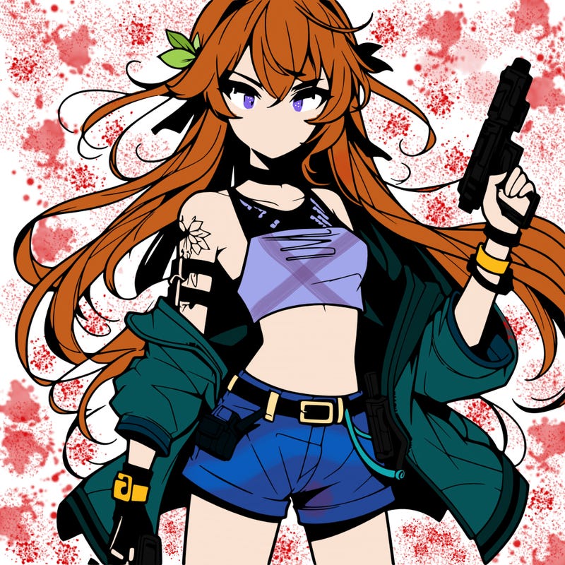 bad girl wearing crop top holding a gun long hair anime