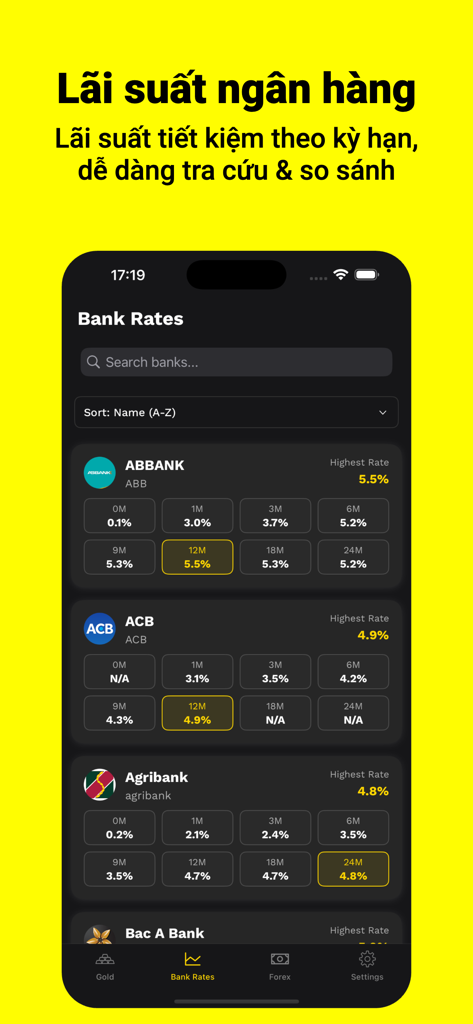 Una interfaz de aplicación móvil que muestra una comparación de las tasas de interés de ahorro de diferentes bancos vietnamitas como ABBANK y ACB