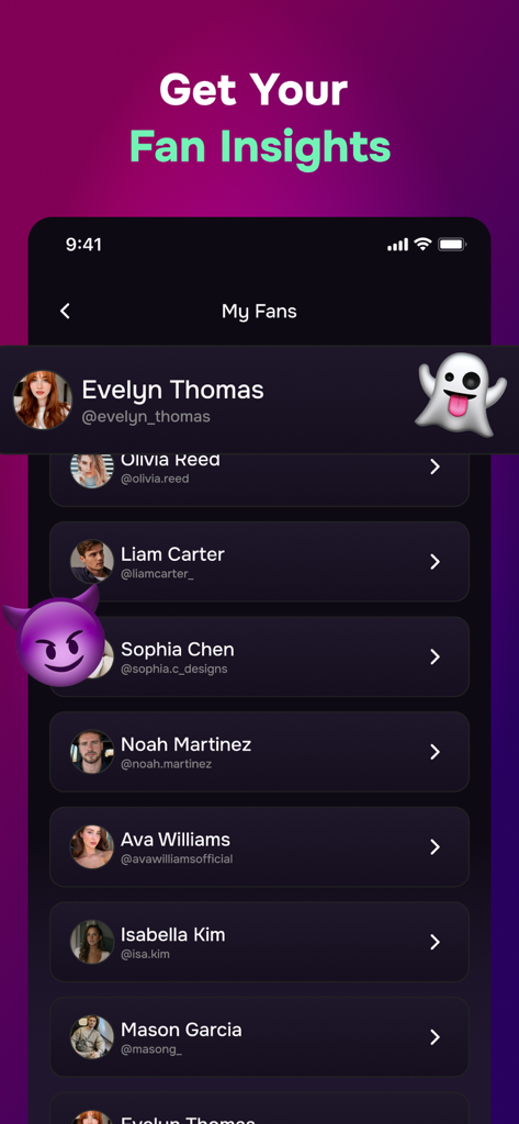 UNFO: Follower Analytics - Interfaz de la aplicación UNFO mostrando una lista de seguidores de Instagram y estadísticas de fans.