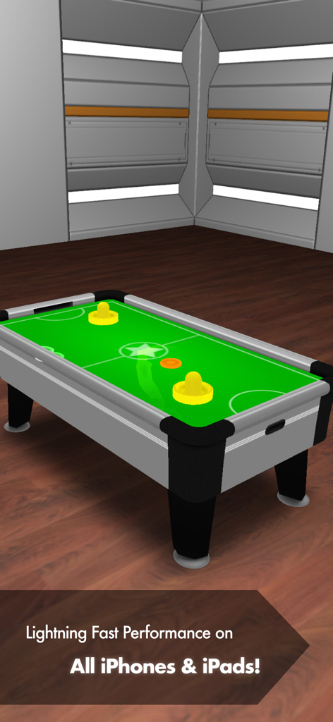 Air Hockey Blast - A 3D air hockey table with a green surface and yellow paddles in a modern room