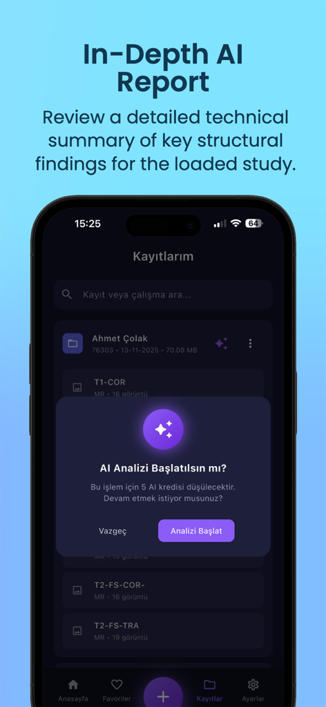 Kayrona DICOM AI Viewer - Kayrona DICOM viewer app showing a prompt to initiate an AI analysis report for a medical scan