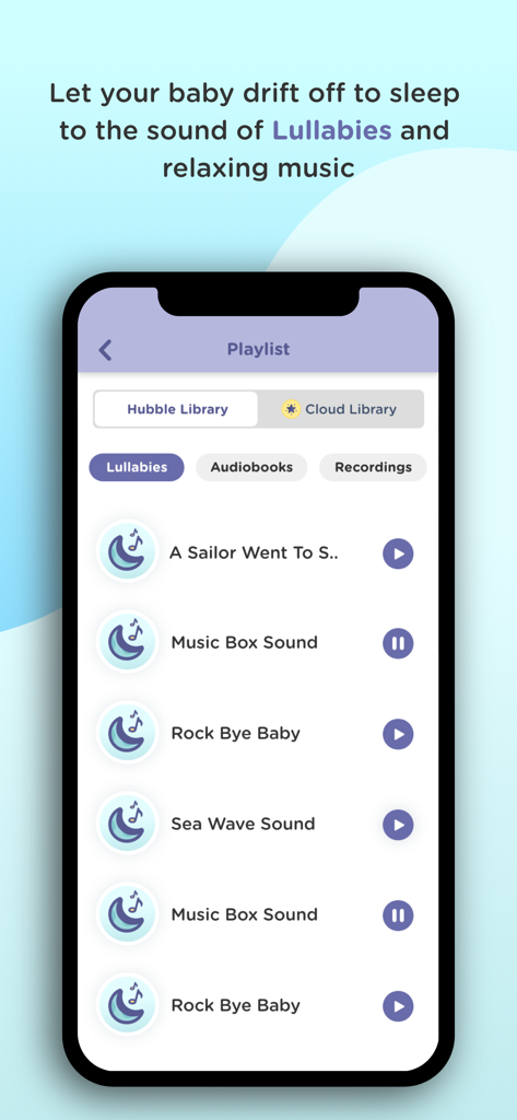 HubbleClub by Hubble Connected - Screenshot of the HubbleClub app showing a playlist of lullabies and relaxing music for baby sleep.