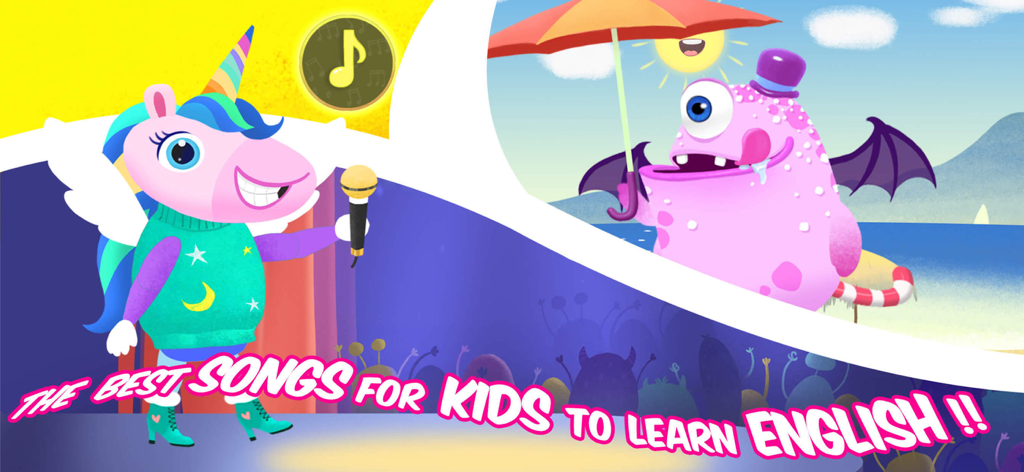 Kids Games & Singing Monsters - Un unicorno rosa che tiene un microfono e un mostro rosa sulla spiaggia in un'app per bambini che insegna l'inglese