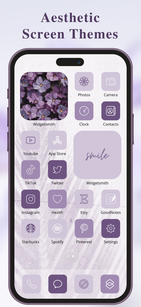 Color Themes: App Icons,Widget - Écran d'accueil iPhone esthétique violet personnalisé avec des widgets floraux et des icônes d'applications stylisées