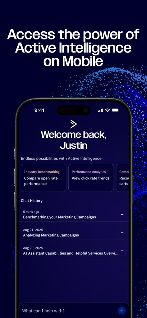 ActiveCampaign mobile app interface showing the active intelligence dashboard with marketing analytics and chat history