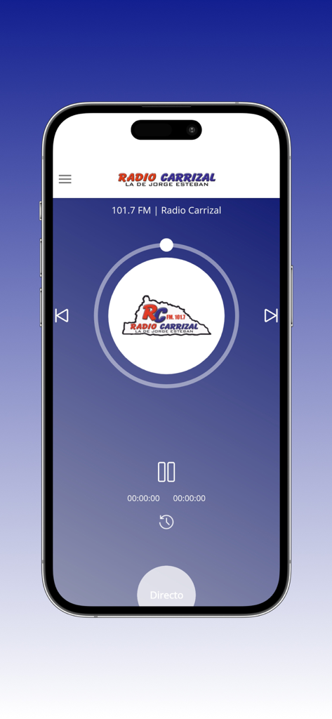 Radio Carrizal FM Mobile App-Oberfläche mit dem Live-Player und den Wiedergabesteuerungen