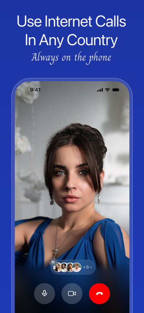 StealthNet VPN app screenshot showcasing the global internet calling feature with a video call interface