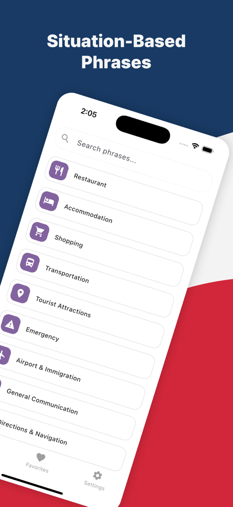 French Phrasebook Travel - Screenshot of the French Phrasebook Travel app showing situation-based phrase categories like Restaurant and Transportation