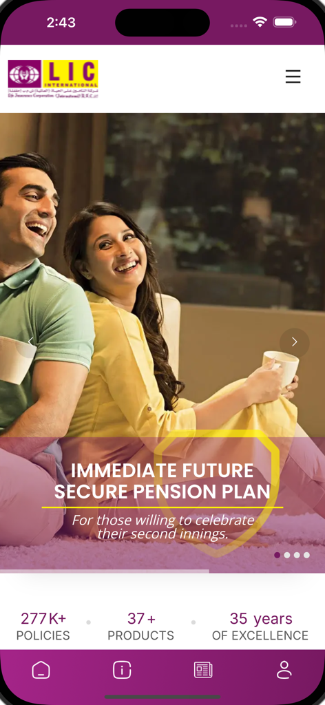 Startbildschirm der mobilen LIC International App mit Werbung für einen Rentenplan und Unternehmensstatistiken.