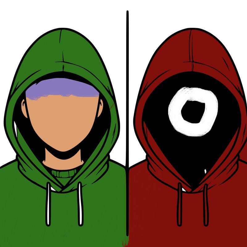 a person with a hoodie and no face, the drawing is split in 2