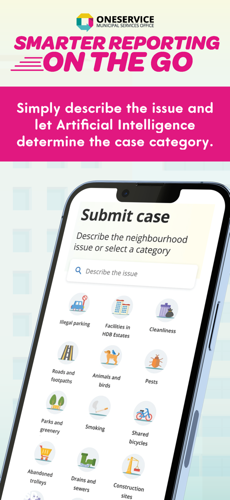 Interface of the OneService app showing various categories for reporting municipal issues such as illegal parking, cleanliness, and pests.