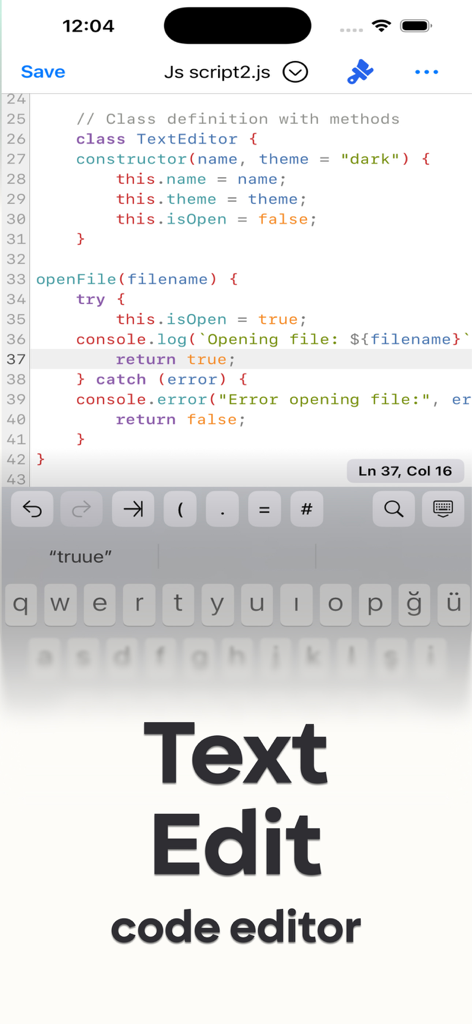 Monote: Text Edit - Editor - Mobile code editor interface showing JavaScript syntax highlighting and a specialized keyboard