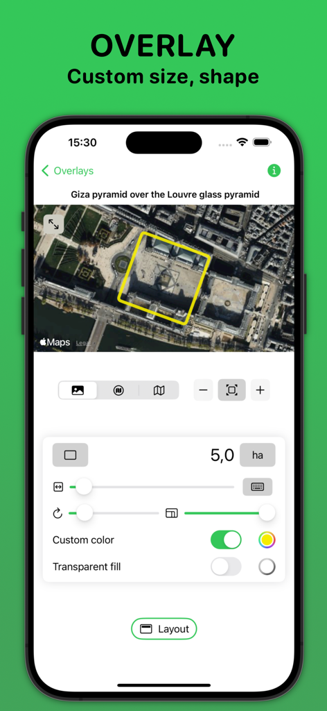 MapScale app interface displaying a custom square overlay representing the size of the Giza pyramid over the Louvre in Paris