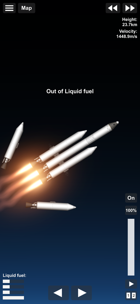 Multi-stage rocket ascending in Spaceflight Simulator with engines firing and stage separation