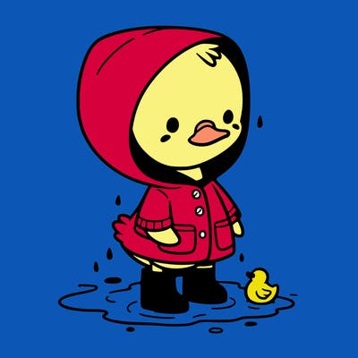 baby duck in a rain coat and boots, in a puddle while it’s raining