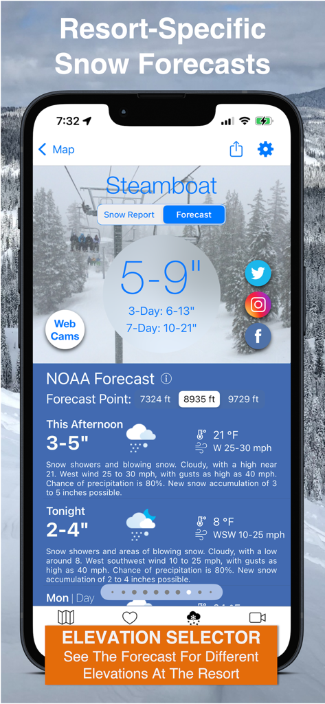 Colorado Snow Map & Webcams - Resort-specific snow forecast with elevation selector in the Colorado Snow Map app.