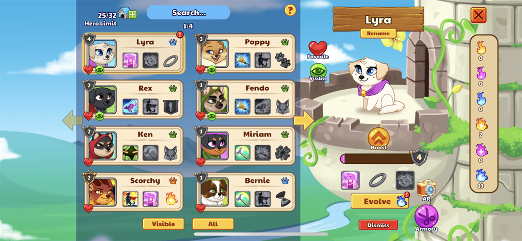 Dungeon Dogs - Idle Hero RPG - Dungeon Dogs hero collection menu and character details for Lyra