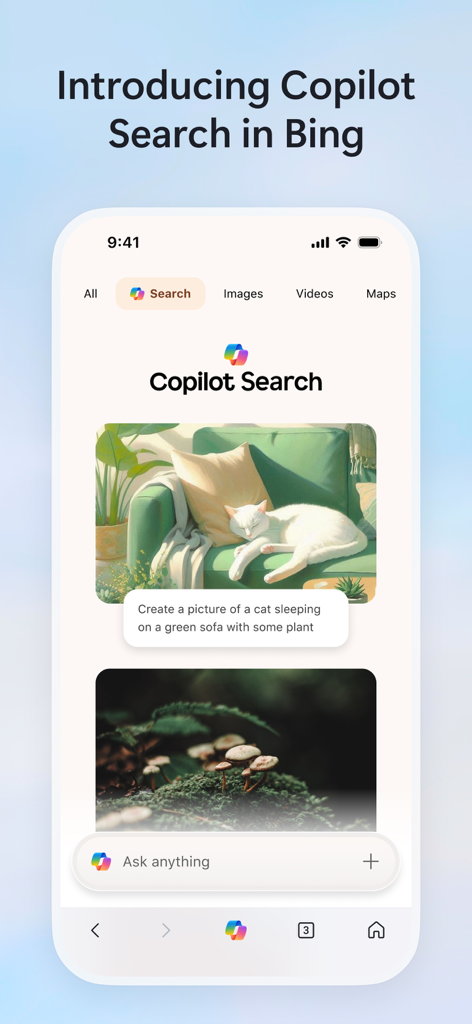 Interfaccia di Microsoft Bing Copilot Search che mostra un'immagine generata dall'IA di un gatto.