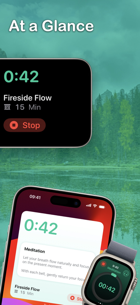 Meditation Timer - Zenitizer - Temporizador de meditación Zenitizer funcionando en iPhone y Apple Watch con widgets de fácil lectura.