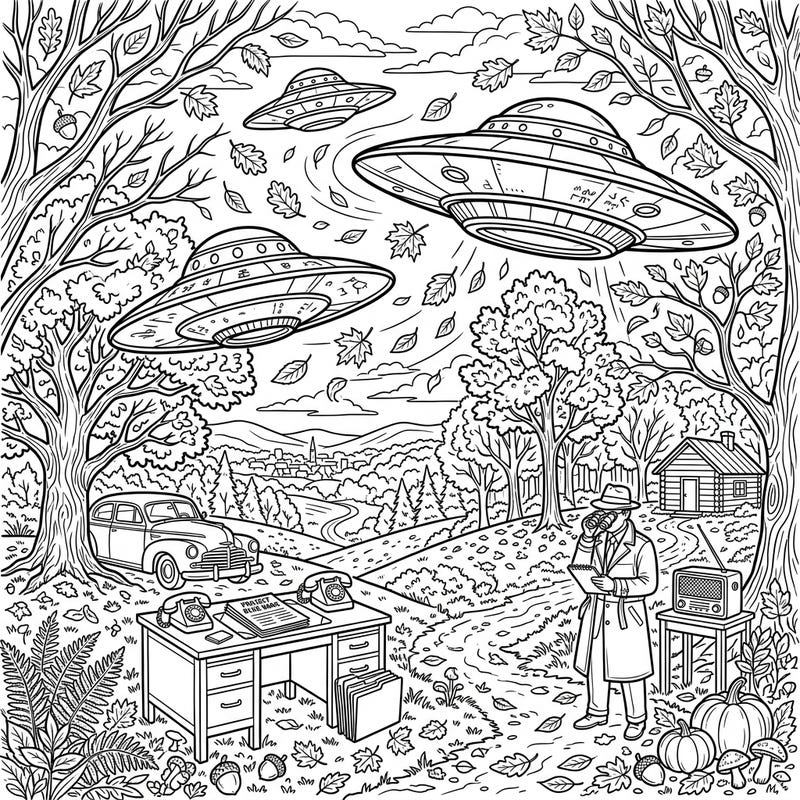 Step into a mysterious autumn world where UFOs and government secrets intertwine amidst falling leaves and classic Americana. This unique coloring page offers a captivating challenge for fans of sci-fi and the fall season.