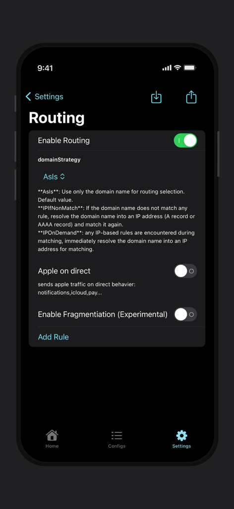 Routing configuration screen in V2Box V2ray Client showing domain strategy and rule settings