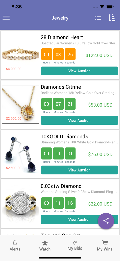 Mobile App-Oberfläche für Polizei-Auktionen, die Live-Schmuckgebote für Diamantringe und -halsketten mit Countdown-Timern zeigt