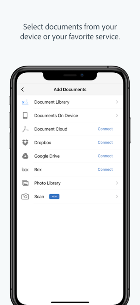 Adobe Acrobat Sign - Adobe Acrobat Signモバイルインターフェイス。DropboxやGoogle Driveなどのクラウドサービスから文書を追加するオプションを表示。