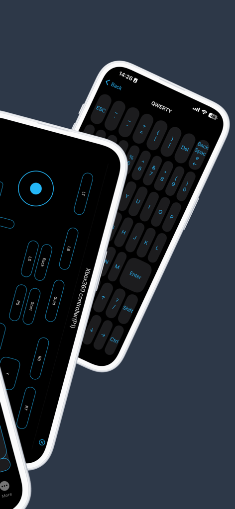 Pantallas de la aplicación PC Remote mostrando el mando de juegos virtual y los diseños de teclado QWERTY.