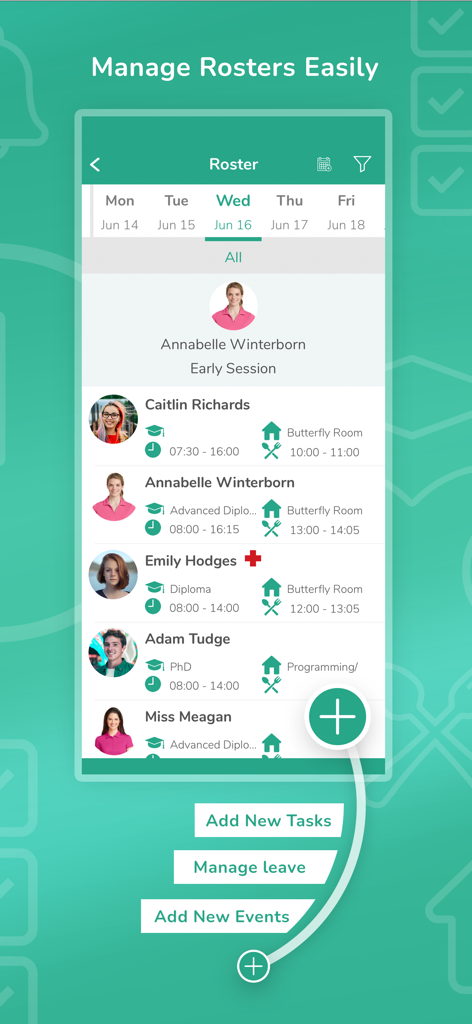 OWNA Childcare App - Ein Mitarbeiterplanbildschirm in der OWNA Kinderbetreuungs-App, der die Schichtzeiten, Qualifikationen und Raumzuweisungen der Pädagogen anzeigt.