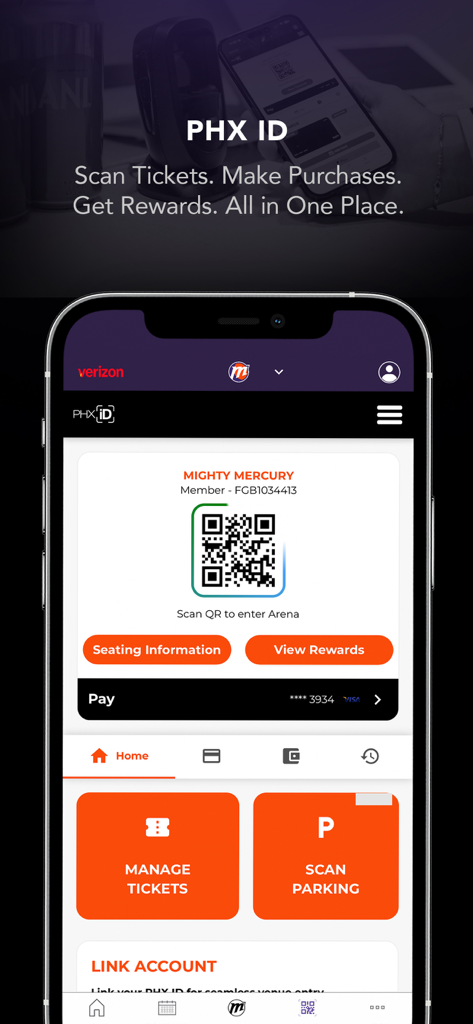 Suns-Merc-Mortgage Matchup Ctr - A smartphone screen displaying the Suns and Mercury app PHX ID feature with a digital ticket QR code and member rewards options.