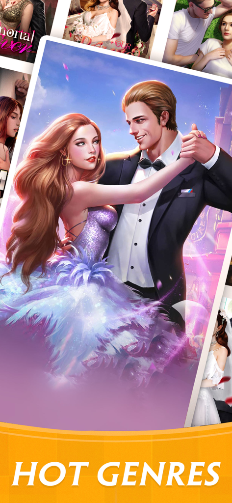 Una pareja vestida de gala bailando en la portada de una historia romántica con el texto Hot Genres.