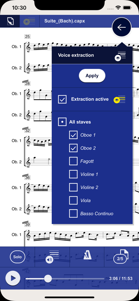 capella score reader - Interface of the capella score reader app showing the voice extraction menu with instrument selection options over a musical score.