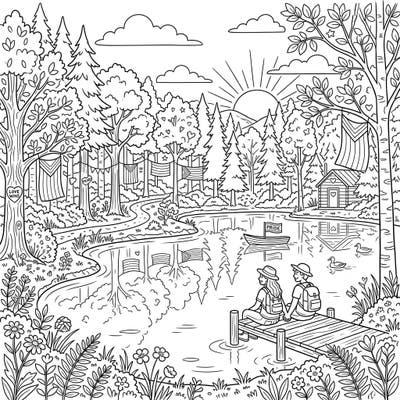 Immerse yourself in the serene beauty of a forest lake, adorned with symbols of love and diversity for Pride Month. This intricate coloring page invites you to celebrate community and nature with every stroke of your pencil.