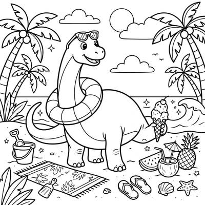 Get ready for a prehistoric beach party with this adorable Apatosaurus coloring page! Our friendly dinosaur is enjoying a perfect summer day, complete with sunglasses and a delicious ice cream.