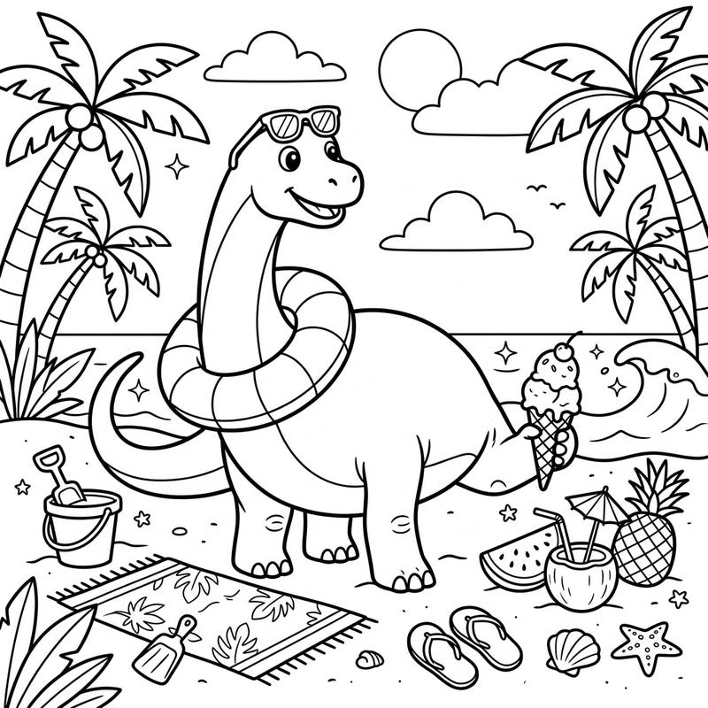 Get ready for a prehistoric beach party with this adorable Apatosaurus coloring page! Our friendly dinosaur is enjoying a perfect summer day, complete with sunglasses and a delicious ice cream.