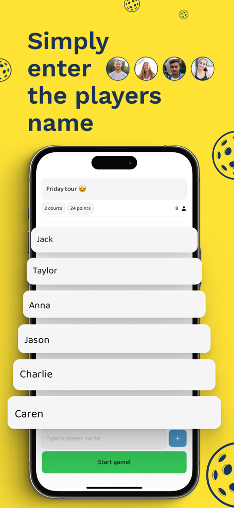 Round Robin Assistant - ピックルボールトーナメントのプレイヤーエントリーリストを示すモバイルアプリ画面