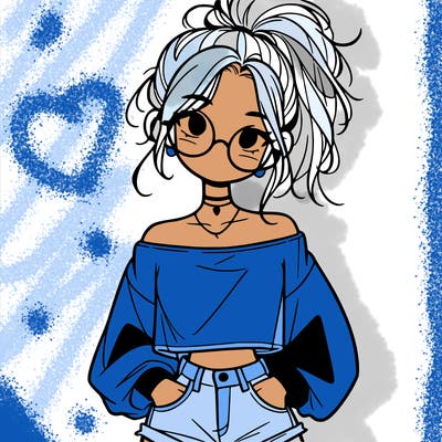 girl with a messy ponytail glasses a baggy crop top and jean shorts