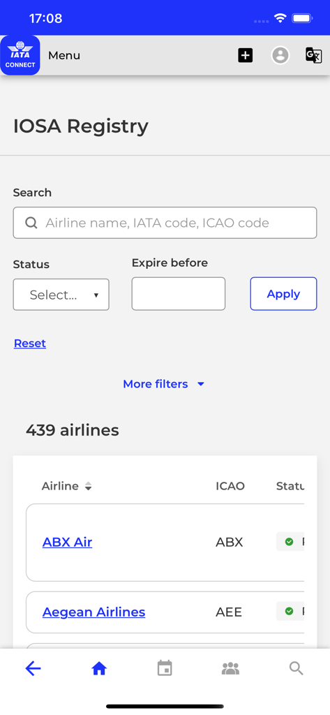 IATA Connect 앱 내 IOSA 등록부 화면, 항공사 안전 감사 정보 및 검색 필터 표시