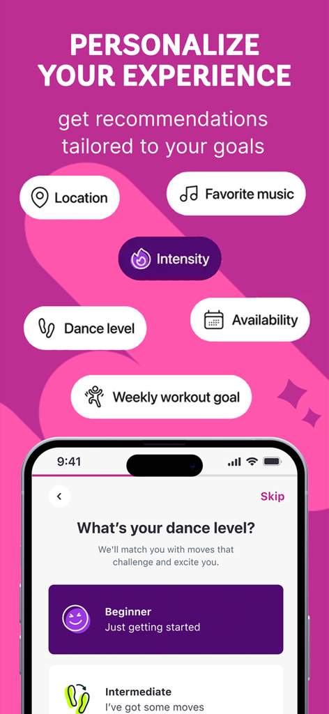 Zumba - Dance Fitness Workout - Una pantalla de smartphone de la aplicación Zumba que muestra opciones para personalizar objetivos de fitness y elegir niveles de danza como principiante e intermedio.
