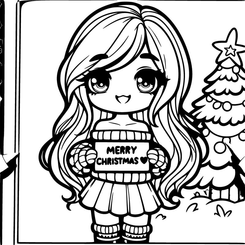 a girl in a dress and a of the shoulder sweater and the girl is holding a sight that says merry christmas! ❤️ and there’s a christmas tree is in the back round and the girl is smiling and has long hair