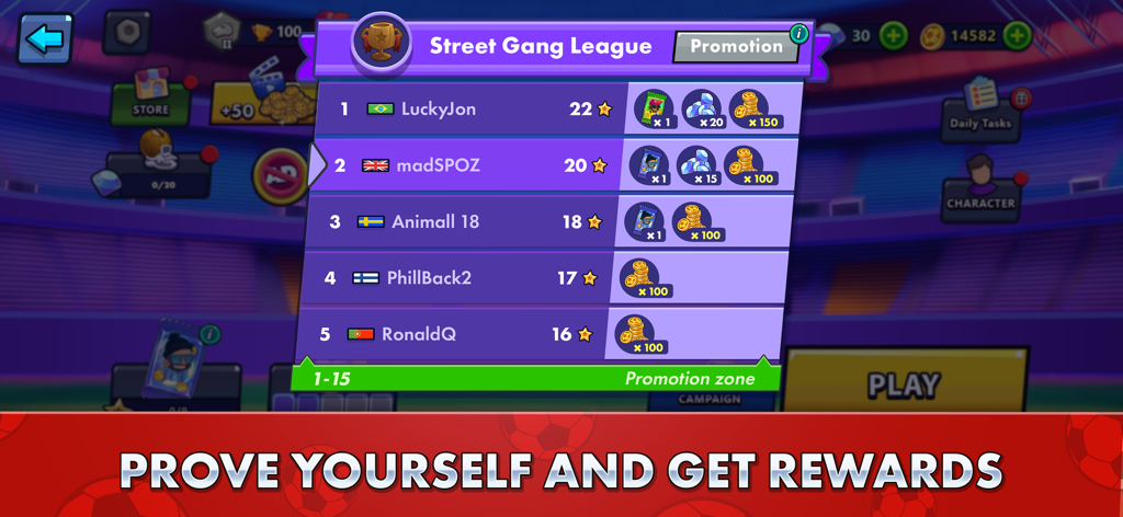Street Soccer: Ultimate Fight - Tabla de clasificación de la Liga de Gangsters Callejeros que muestra rankings y recompensas en Street Soccer Ultimate Fight.