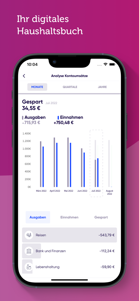 quirion – digitale Geldanlage - Financial dashboard in the Quirion app displaying monthly budget tracking and expense categories