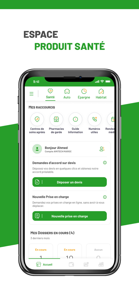 My Wafa Assur app health insurance dashboard interface showing shortcuts for healthcare centers and pharmacy services in French