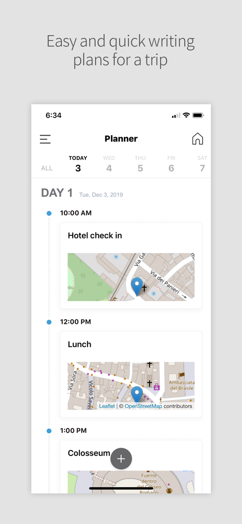 DAILY TRIP - Trip History - Daily Tripアプリの旅行プランナー。地図上のホテルチェックインとランチアクティビティを含むタイムラインの旅程が表示されています